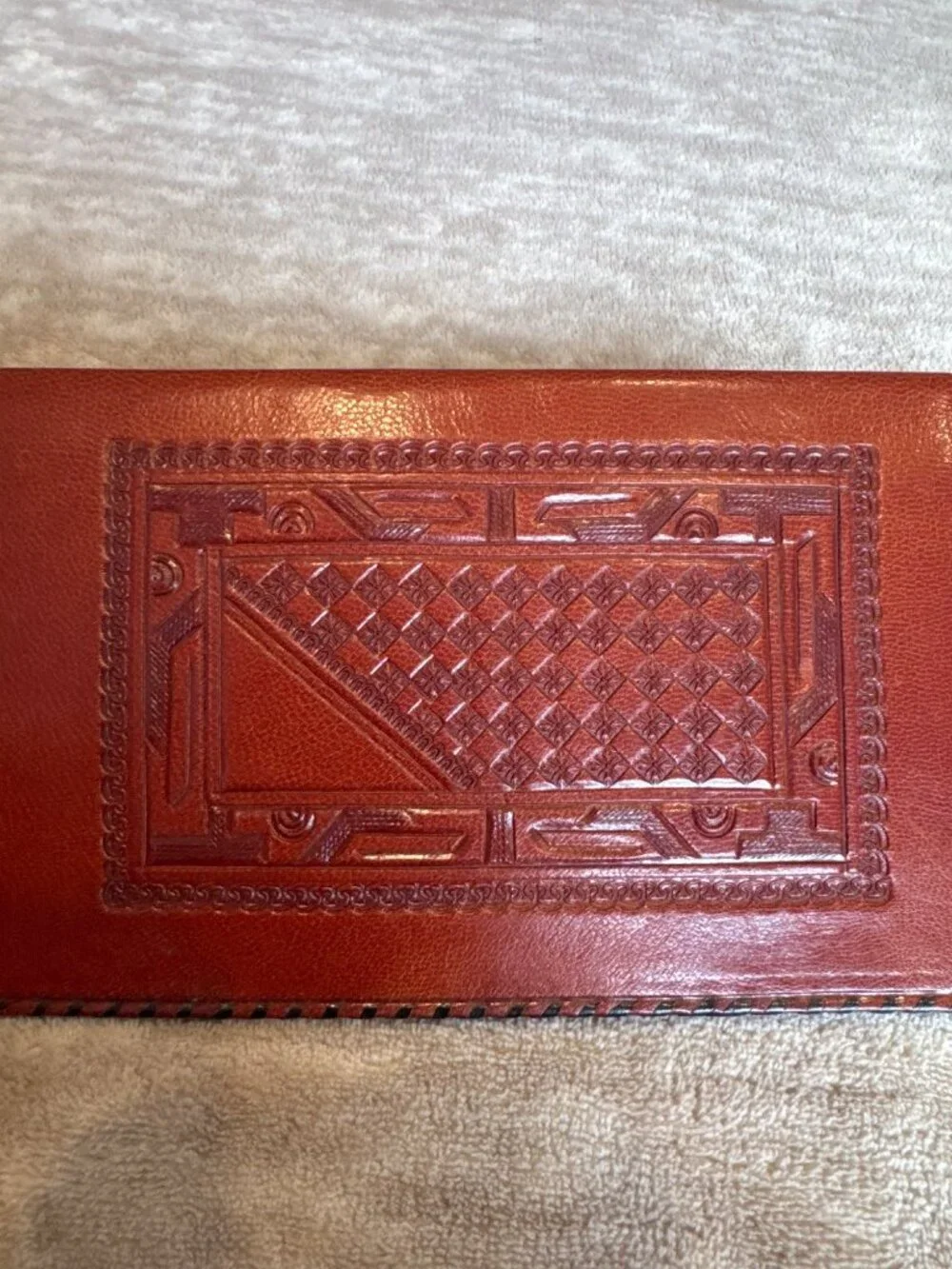 Handcrafted Embossed Leather Wallet Aztec Calendar Design Long Bifold Style